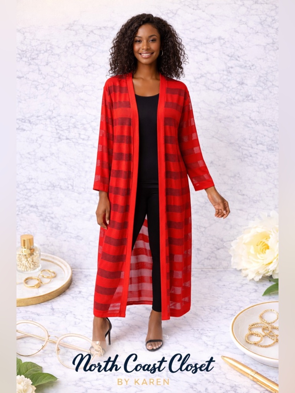 Studio Park Red Sheer Mesh Duster Cardigan Open Front Plus Size 2X